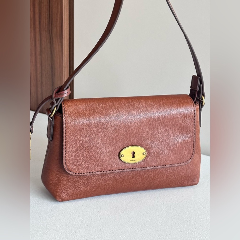 Fossil Brown Leather Flap Crossbody Bag